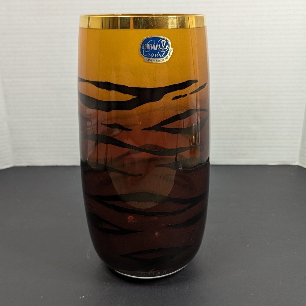 BOHEMIA Crystal Vintage Tiger Stripe Amber Black Gold Vase